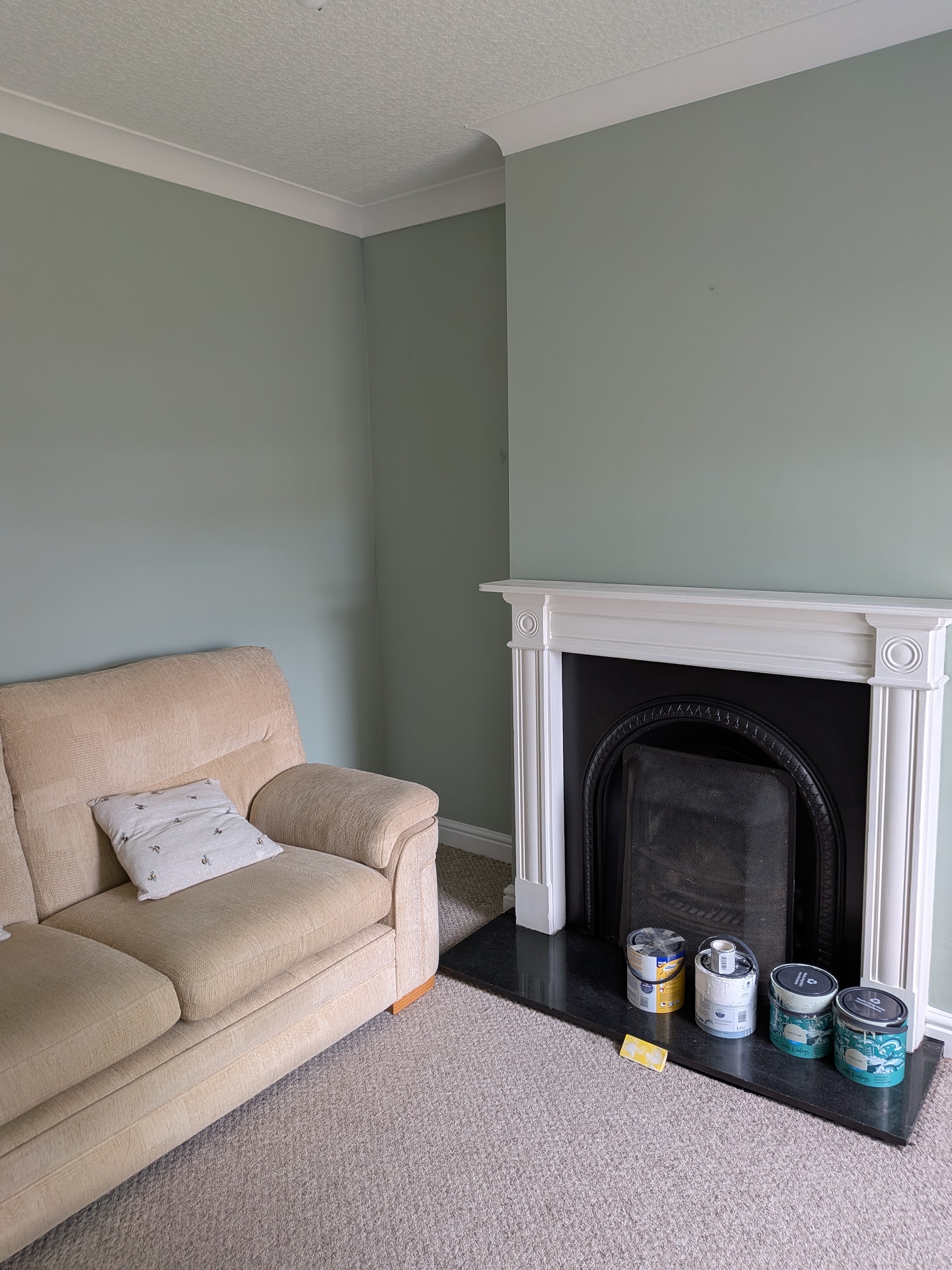 Sage green living room with a white fire surround, freshly painted